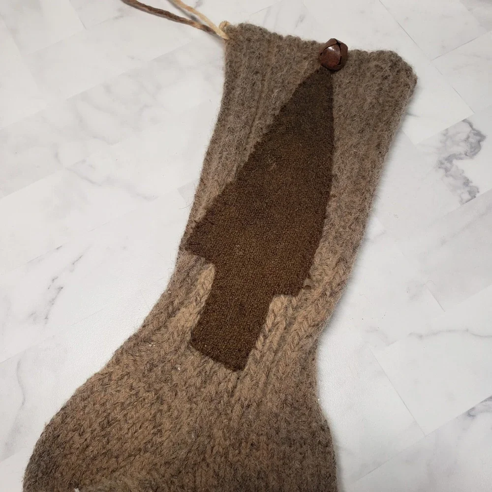 Primitive Wool Christmas Stocking with Hand Stitched Christmas Tree & Rusty Bell